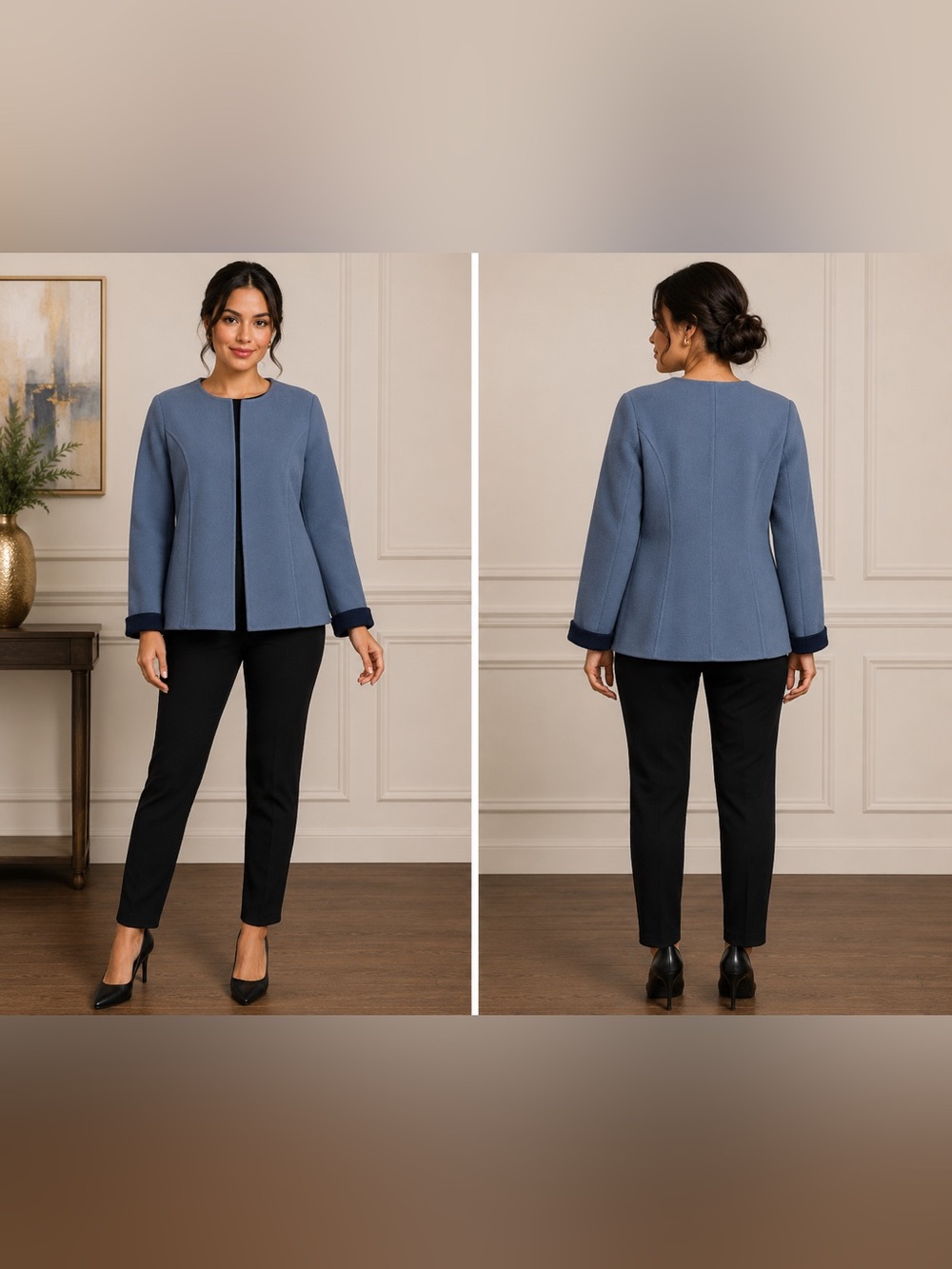 Company Ellen Tracy Wool Blend Jacket Women’s Size 12 Blue Open Front Career Coa